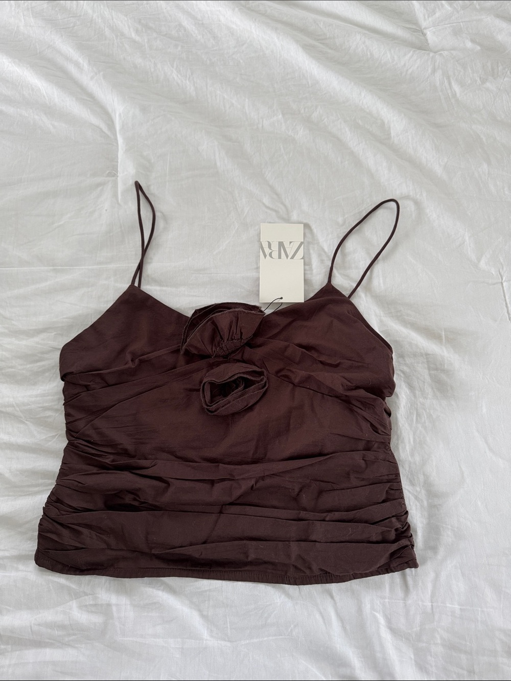 Zara Dark Brown Ruched Spaghetti-Strap Cami with Knot Detail